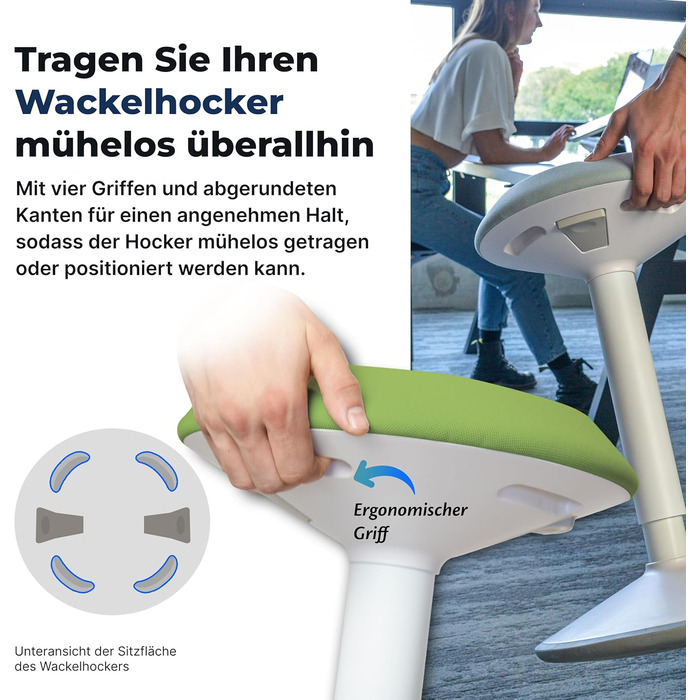 Ергономічний стілець-хокер для офісу та дому, регульована висота 55-80 см, зелений, з ефектом балансування