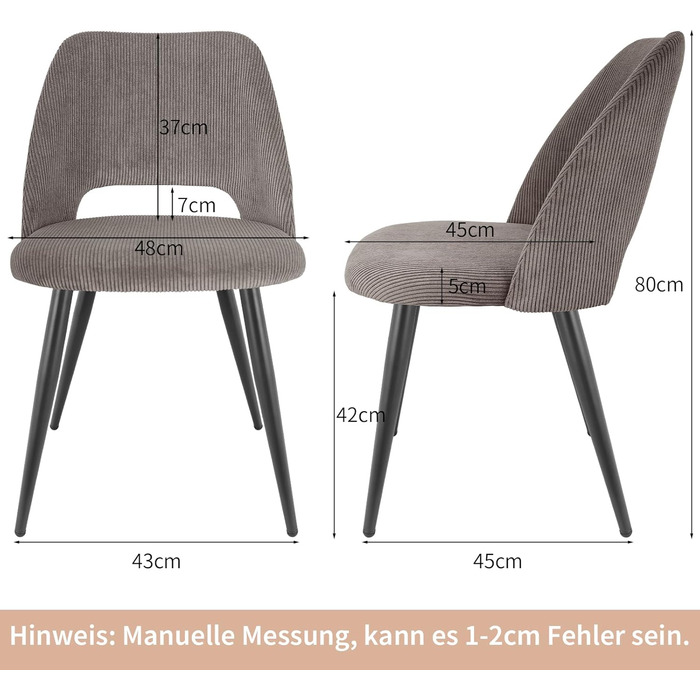 Набір обідніх стільців, кухонний стілець з тканини Cord, м'які стільці для обідньої кімнати, кухні, вітальні та спальні (Коричневий, 6)