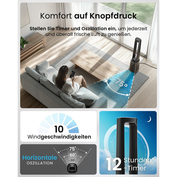 Вентилятор Pro Breeze OmniAir з очищувачем повітря, 105 см - безлопасний, осциляція 75°, пульт, HEPA 13, LED дисплей, 10 швидкостей, тихий, 5 режимів, Smart App, чорний