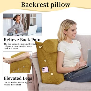 Підкова для читання Bettkeil, регульоване подушечкове ліжко, трикутна подушка, подушка-клинок, диванна подушка для попереку, шиї, подушка для підтримки спини з знімним льняним чохлом (жовтий, з подушкою для шиї 60см)