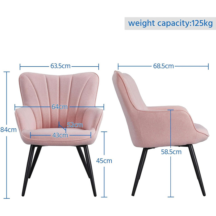 Крісло для відпочинку Yaheetech, металевий каркас, м'яке крісло, 63,5 x 68,5 x 84 см, рожевий