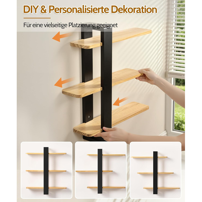 Полиця настінна дерев'яна SUMGAR, плаваюча, 3-ярусна, 50x58 см, чорно-дерев'яна, для вітальні, спальні