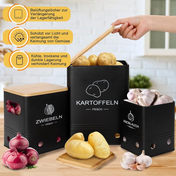 Набір контейнерів для зберігання картоплі, цибулі та часнику (3 шт) з бамбуковими кришками - Моз (Moz) - Чорний