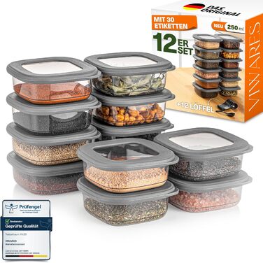 Набір контейнерів для зберігання продуктів 18 шт. – з контейнером для спагеті 2,0 л та 6 дозаторами для спецій з кришками, стекові, герметичні, без BPA, 52 етикетки (12 шт.) + 6 дозаторів для спецій (12 шт., 250 мл, сірий)