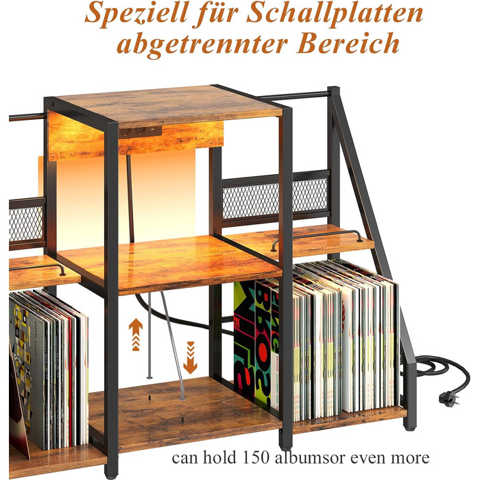 Підставка для програвача вінтаж велика з розеткою та LED-підсвіткою, тримач для платів, полиця для вінілу на 300 альбомів, для вітальні, спальні
