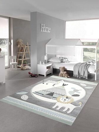 Килим-мрія, килим для дитячої кімнати, килимок для ігор, намет для індіанців, лев, зебра, кактус, розмір (120 см круглий, сірий, кремово-жовтий)
