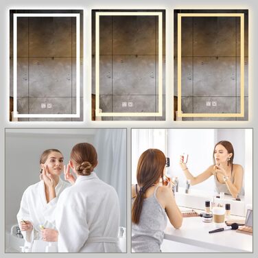 Дзеркало для ванної кімнати з підсвіткою LED, з 3 колірними температурами та функцією проти запотівання. Сенсорне керування. Підходить для готелів, вітальні, спальні.