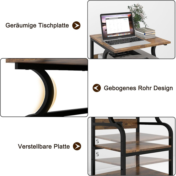 Регульований стіл для принтера PUNCIA з 3 ящиками та колесами. Мобільний візок для принтера з дерева та металу (60 x 50 см, Retro)