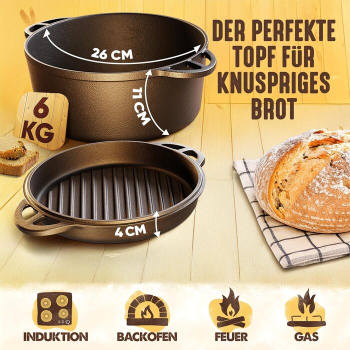 Чугунний казанок з кришкою 26 см: для випікання хліба, тушкування, приготування в духовці. Чугунний посуд преміум-якість