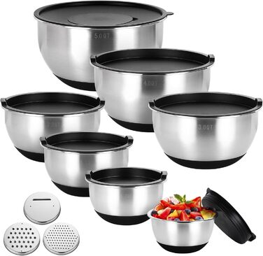 Набір мисок з нержавіючої сталі, 7 шт. з кришкою, тертки, для випічки та зберігання, стакові, універсальні, придатні для миття в посудомийній машині (0,63/1/1,5/2/3/4/5 QT)