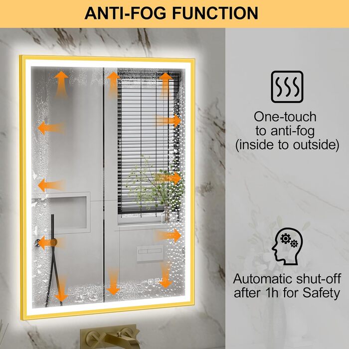 Круглий LED дзеркало для ванної кімнати Furduzz з підсвічуванням, 700 мм, настінний, сенсорний вимикач, регулювання яскравості, 3 кольори, проти запотівання, інтелектуальна пам'ять (модель 2, золота рамка, 70 x 50 см)