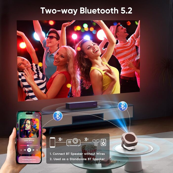 Міні-проектор Beamer 4K 1080P з Wi-Fi/BT, електронним фокусом/автоматичною корекцією трапецеїдальних спотворень, 50% зумом, 270° обертанням для домашнього кінотеатру/відпочинку на природі, сумісний з ноутбуком/смартфоном/мишею