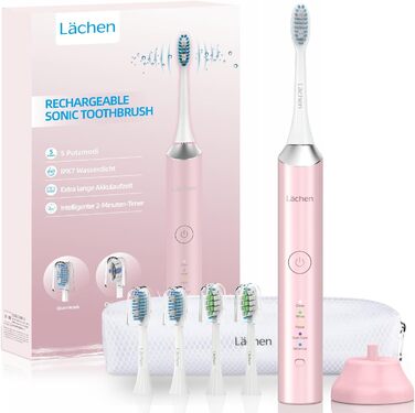 Електрична звукова зубна щітка Läschen, 5 режимів, з чохлом для подорожей, 4 насадки, USB-зарядка на 60 днів, таймер, IPX7 водонепроникність, рожева