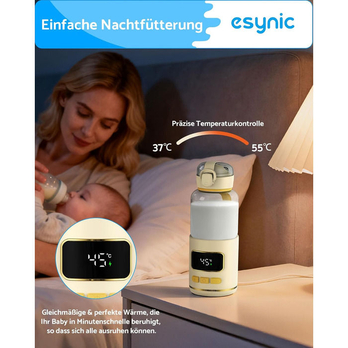 eSynic Підігрівач для пляшечок 450мл з акумулятором 15000mAh, портативний, швидкий нагрів (2-3 хв), для дитячого харчування та води, USB-C, BPA-free, з боросилікатного скла, для подорожей та нічного годування