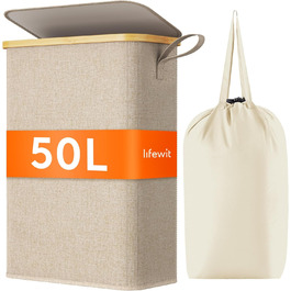 Кошик для білизни Lifewit 50L з кришкою, бамбуковий, з ручкою, для квартири, гуртожитку, кемпінгу, бежевий