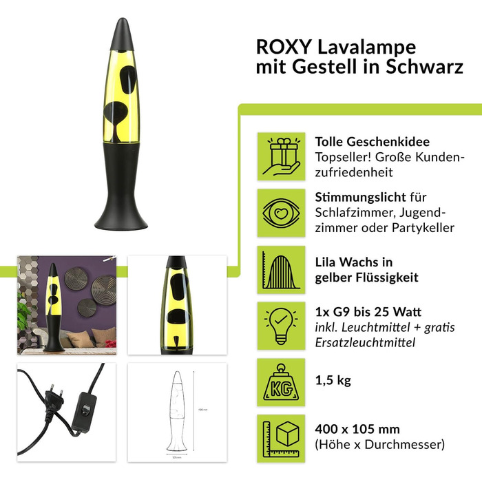 Ретро-лавовий світильник Easylight ROXY фіолетово-чорний з вимикачем висотою 40 см G9 декоративна блискуча лампа для вітальні (матовий чорний, жовтий, фіолетовий)