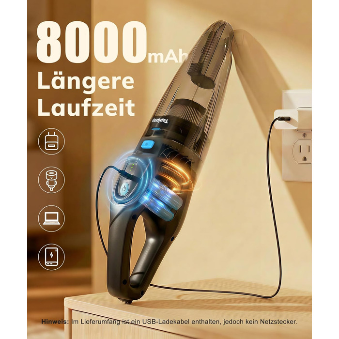 Акумуляторний ручний пилосос для авто та дому, потужність 25000Па, бездротовий з HEPA-фільтром та набором насадок, для шерсті тварин та килимів (Чорний)