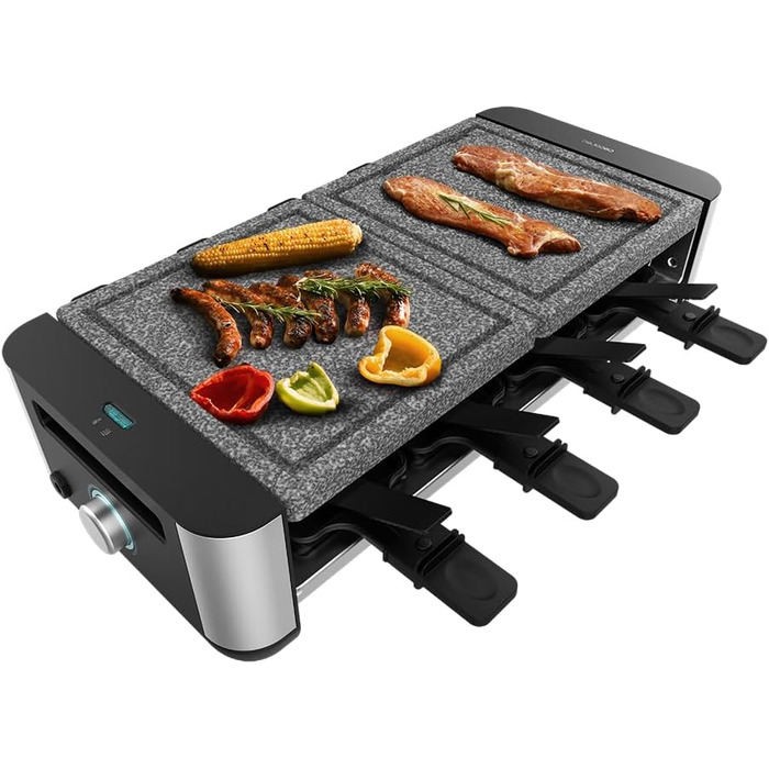 Електричний гриль-ракушетка Cecotec Raclette Cheese&Grill 16000 Inox на 8 осіб, 1400 Вт, з регулюванням температури, 2 грильні пластини (алюміній 20x22 см та натуральний камінь 20x22 см), 8 сковорідок та 8 лопаток
