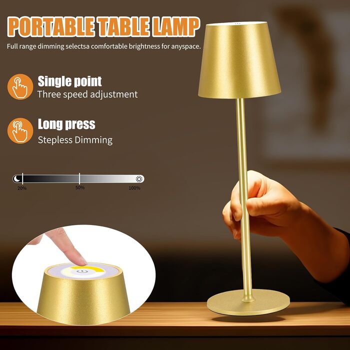 Бездротова лампа настільна LED з регулюванням яскравості та 3 колірними температурами, сенсорне керування, зарядка USB-C, для дому, відпочинку та кемпінгу (G1pack-gold)