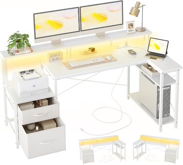 Кутовий стіл BEXEVUE з розетками та LED-підсвічуванням, 150 см. Сучасний кутовий стіл з 2 шухлядами, обертаються полиці, великий підставка для монітора, ігровий стіл для дому, навчання та роботи (150 x 80 см, білий)