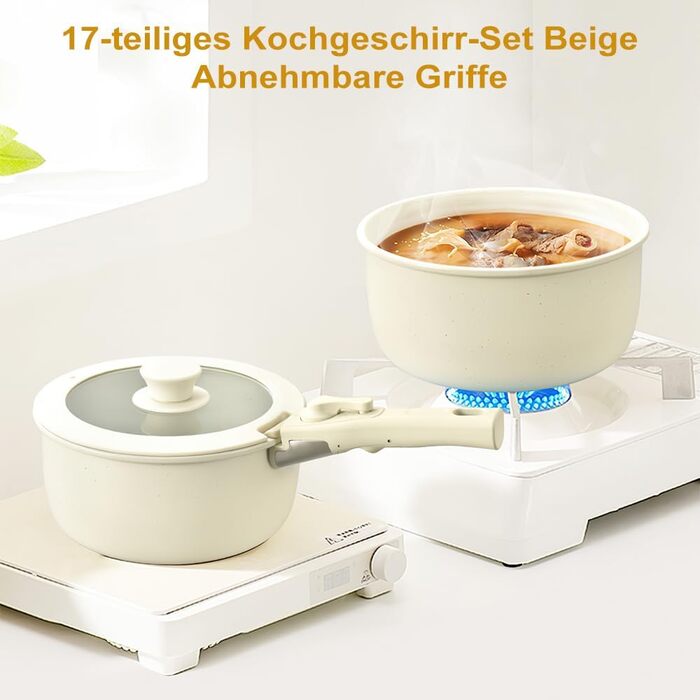 Набір посуду MDHAND 17 частин з гранітною емалевою поверхнею, антипригарне покриття, знімні ручки. Включає сковорідки, каструлі та супові горщики для приготування, смаження та тушкування.