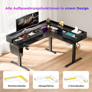 Регульований кутовий стіл L-подібної форми, електричний, 160 x 140 см, з 3 висувними ящиками. Стіл для офісу, роботи, геймінгу, стоячи/сидячи. Чорний колір.