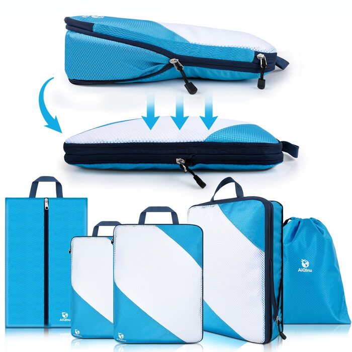 Набір компресійних органайзерів для одягу в подорожі AiQInu, 5 шт. (з мішком для прання та взуття), ультралегкі розширювані пакувальні куби для валізи та ручної поклажі, небесно-блакитний