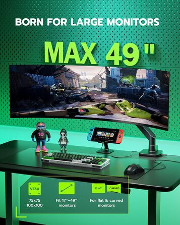 Кріплення для монітора ARES WING з USB A/C, кріплення для монітора, 17-49 дюймів, вантажопідйомність 20 кг, газ-амортизатор, VESA 75/100 мм, чорний