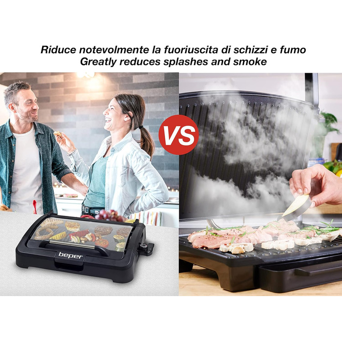 Електрогриль BEPER 90.871 з кришкою, антипригарна поверхня, нержавіюча сталь, 2200 Вт, чорний