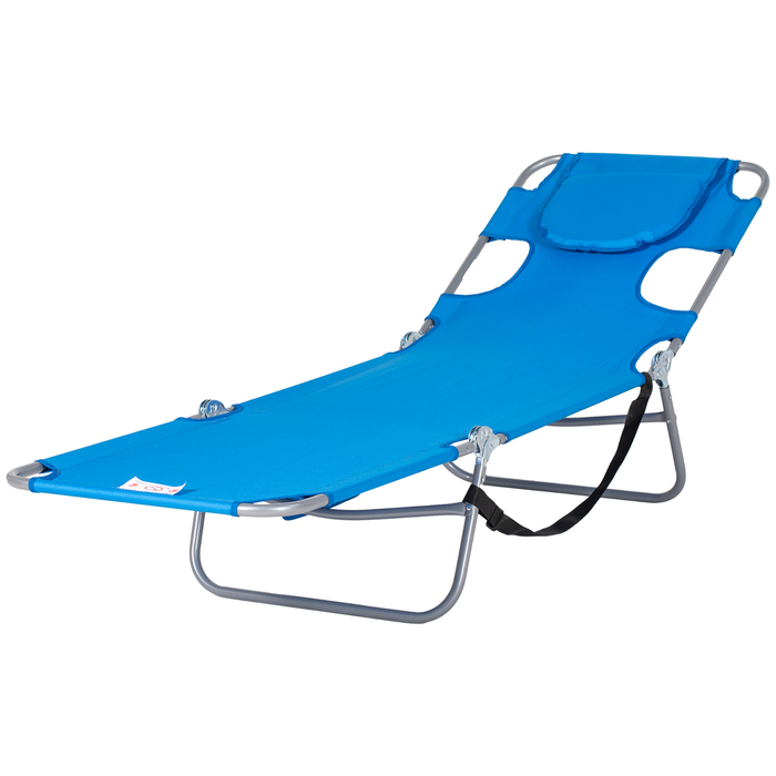 Outsunny Sun Lounger Складний садовий шезлонг з вікном для читання, подушка, шезлонг з регульованою спинкою в 5 напрямках, стійкий до погодних умов шезлонг для кемпінгу з навантаженням до 120 кг, для садового пляжного басейну, синій | Аосом