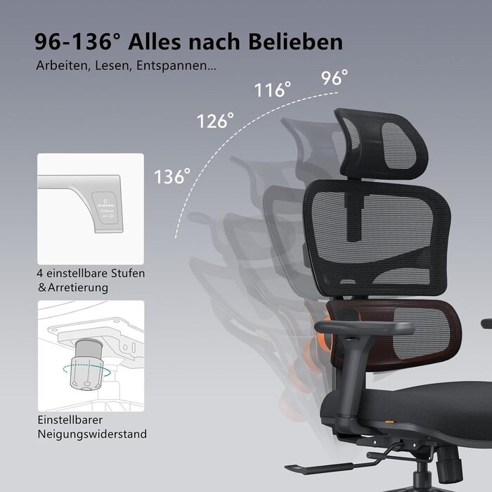 Офісне крісло Newtral NT001: ергономічне, регульована підголівник та підлокітники, 150 кг, чорний