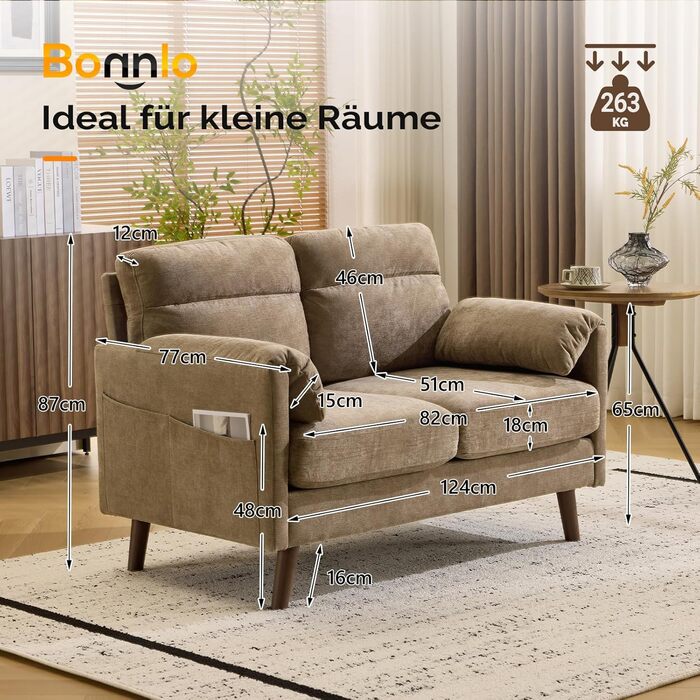Диван Bonnlo 2-місний, компактний, 125 см, тканинний, з м'якими підлокітниками, для офісу, вітальні, спальні, кабінету, легка збірка, льон, коричневий