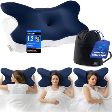 Подушка для шиї Home Vibez® з піною з пам'яті ефекту, знімає біль у шиї та плечах, ергономічний дизайн, ортопедична підтримка шиї з охолоджуючим чохлом для будь-яких положень сну, з сумкою для подорожей