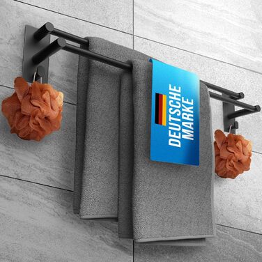 Тримач для рушників без свердління, чорний, 80 см, нержавіюча сталь, подвійний, самоклеючий, з 2 гачками, для ванної кімнати, душової кабіни, кухні