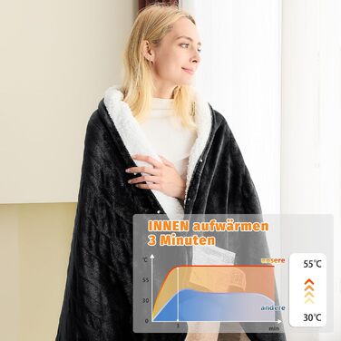 Електрична ковдра BOMOVA з автовимкненням, тепла та м'яка ковдра для дому, 10 температурних режимів та таймер, подарунок для жінок, 130x180 см (Чорний)