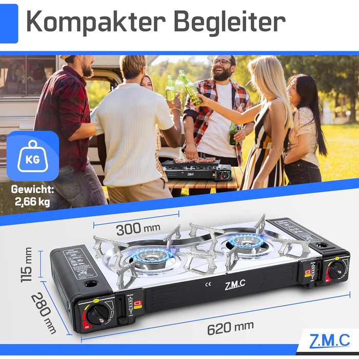 Газовий набір для кемпінгу ZMC: 2-горілкова плита, адаптер для LPG, 4 балончики 227г, кейс, 2.5kW, Piezo-запалювання, для відпочинку на природі та вдома