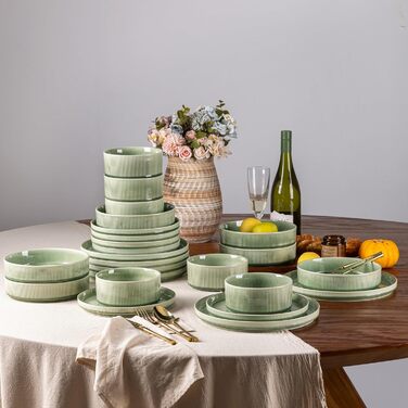 Набір посуду GBhome з реактивної глазурі (12 предметів) для 4 осіб, ручної роботи, мікрохвильова та посудомийна машини, зелений колір, великі тарілки (4 шт.)
