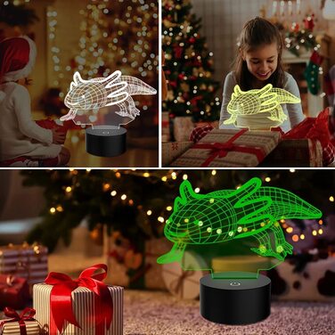 Приліжковий світильник з аксолотлем для дітей, 3D-ілюзійна лампа, настільна лампа для спальні, приліжкова лампа 7 кольорів, світлодіодна настільна лампа USB, подарунки на День Святого Валентина на день народження для хлопчиків і дівчаток, прикраса для дом