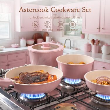 Набір посуду Astercook 21 предмет: каструлі та сковорідки з антипригарним покриттям, керамічний набір посуду, знімні ручки, для дому та кемпінгу, сумісний з індукцією, можна мити в духовці, стаканий