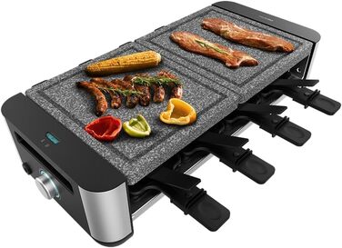 Електричний гриль-ракушетка Cecotec Raclette Cheese&Grill 16000 Inox на 8 осіб, 1400 Вт, з регулюванням температури, 2 грильні пластини (алюміній 20x22 см та натуральний камінь 20x22 см), 8 сковорідок та 8 лопаток