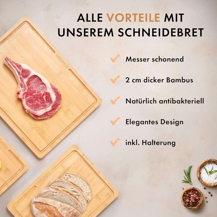 Набір дерев'яних обробних дощок 3 шт. (40x30см / 33x24см / 26x18см) з масиву акації, 2 см товщиною, з канавкою для соку - кухонні обробні дошки, дизайн, набір обробних дощок з дерева, бамбук