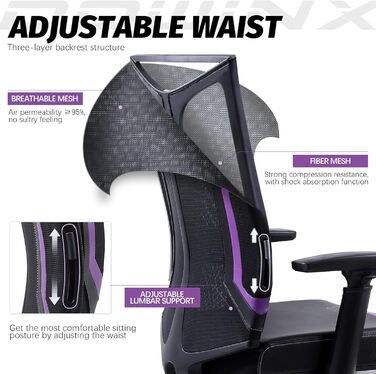 Ігровий крісло Dowinx з 3D підлокітниками, офісне крісло, ергономічне, з функцією гойдання, шкіряне, поворотне, для офісу та дому, чорний, сірий (чорний, фіолетовий)