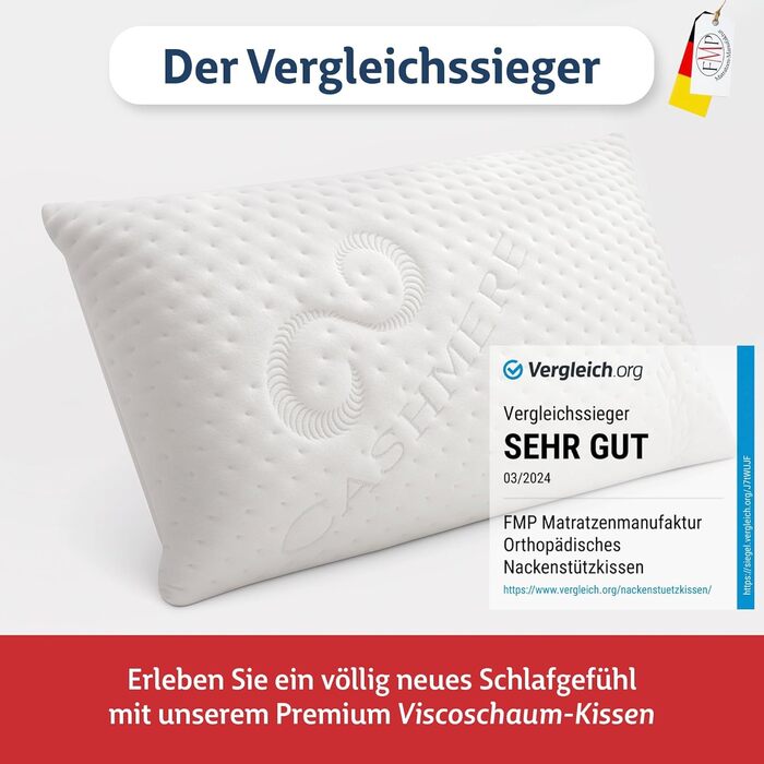 Ортопедична подушка для шиї FMP Matratzenmanufaktur з віскоеластичної піни, 70x36x8.5 см, біла
