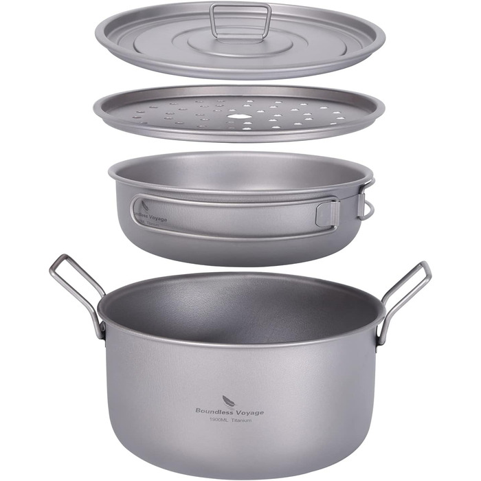 Набір посуду iBasingo Titan для кемпінгу: каструля 1.9L та сковорода 900ml з кришкою. Легкий, портативний, з кришкою, для приготування їжі на відкритому повітрі та вдома. Ti2057C