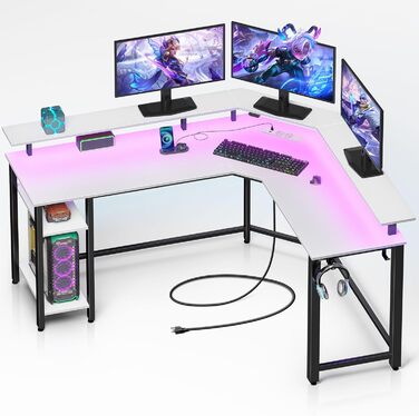 Кутовий стіл Rolanstar з LED-підсвічуванням та розетками, 135 см, для комп'ютера з підставкою для монітора та полицею, реверсивний, з 2 гачками, для робочого кабінету, спальні, офісу (134,5 x 117,5 x 86,9 см, білий)