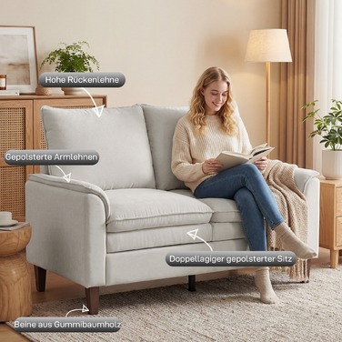 Диван на 2 місця, 146 см, з велюровою оббивкою з двошаровою м'якістю, з пуховими подушками, глибоким сидінням та високою спинкою, кремово-білий