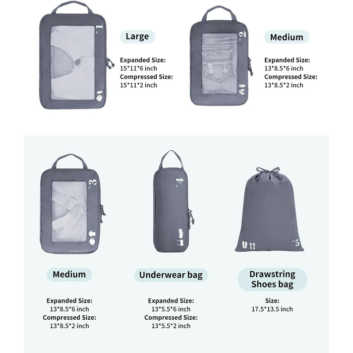 Набір компресійних органайзерів для одягу в подорож ECOHUB, 5 предметів, темно-сірий