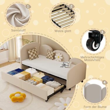 Дитяче ліжко-табурет 90x200 з висувним спальним місцем, ліжко-диван для підлітків, каркас без матраца, велюр, бежевий