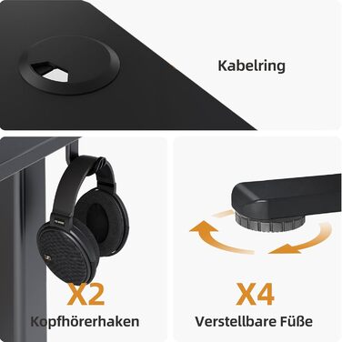 Електричний регульований стіл Claiks 120x60 см з пам'яттю, з гачками, чорний