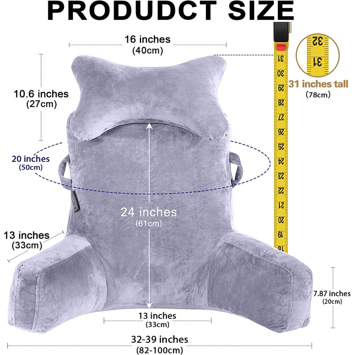 Велике крісло-мішок для читання з підголівником та підлокітниками, 78,7 см, сіре